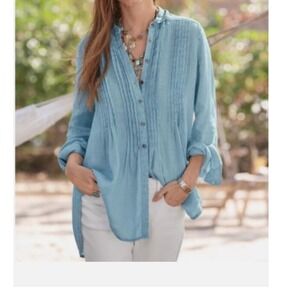 Sundance Blue‎ Linen Pleated Tunic Shirt Top Button Down Blouse XL Lagenlook